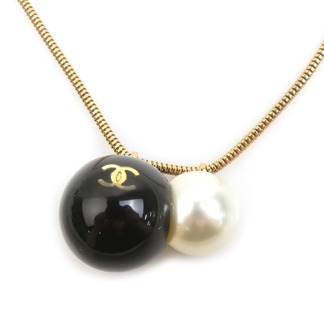 Chanel necklace, Coco Mark design, metal, faux pearl, gold, black, white, women's, e62116a