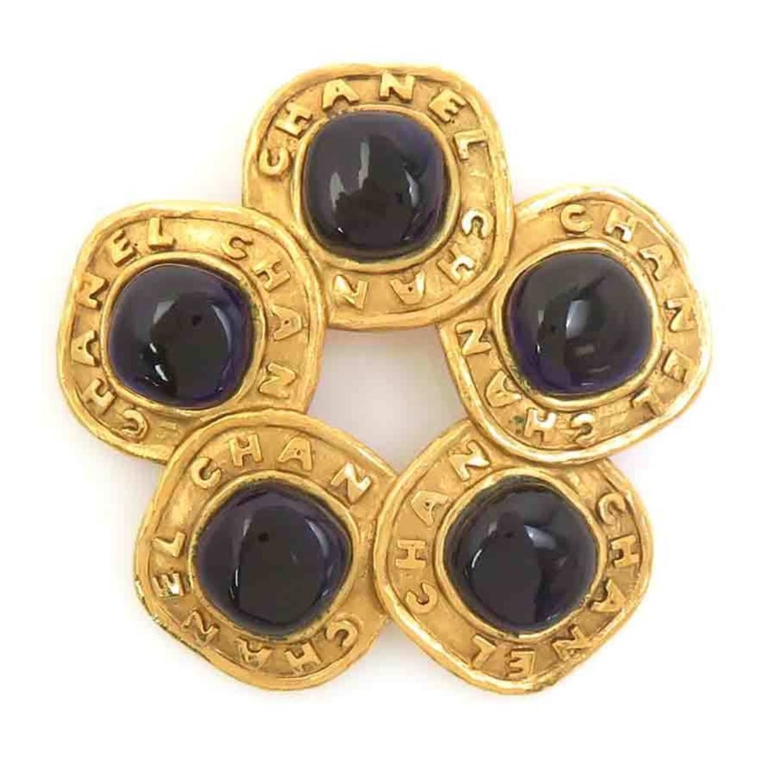Chanel brooch, metal, glass stone, gold, navy blue, women's, e62115a