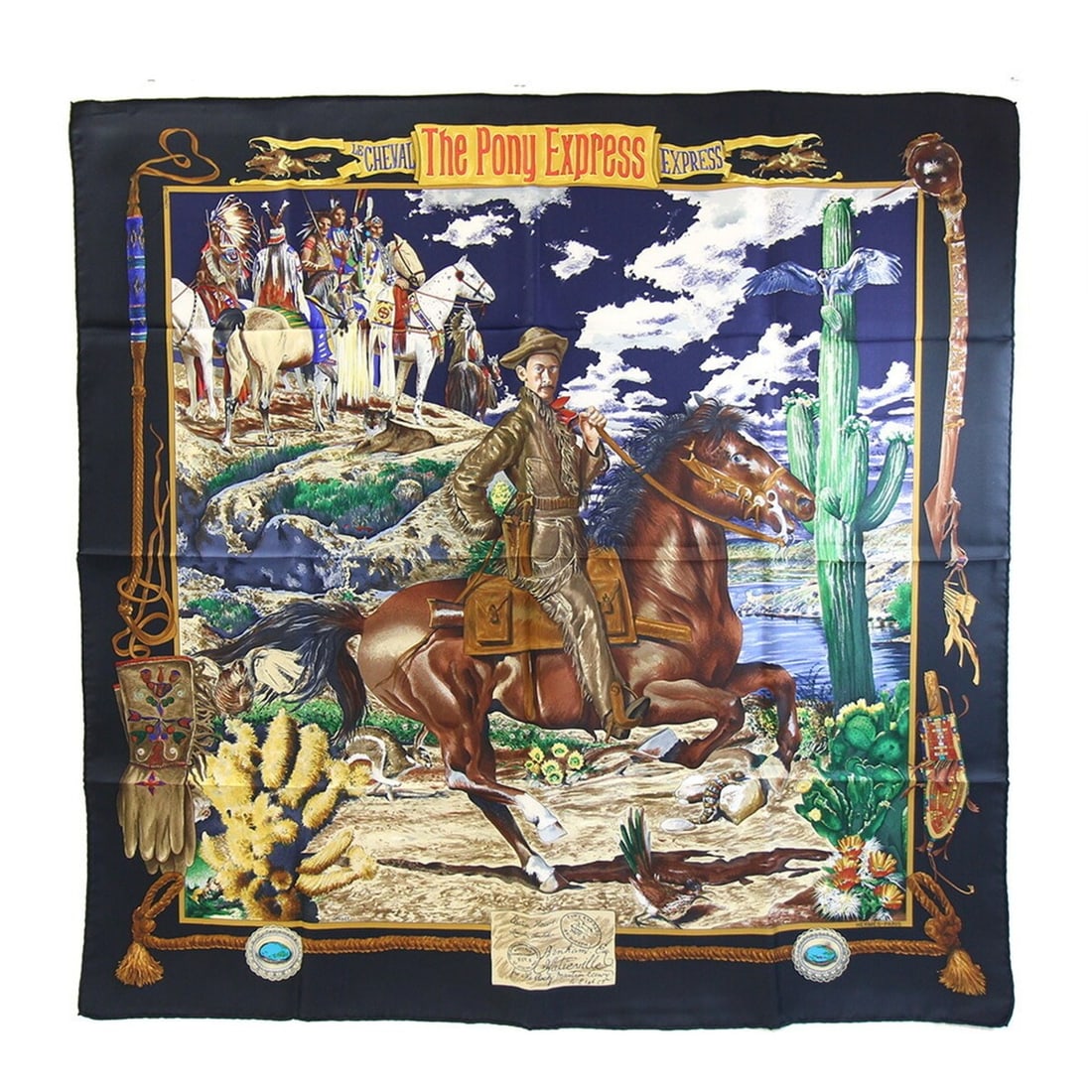 Hermes Scarf/Muffler, Carre 90, The Pony Express, Postal Company, Black/Multicolor, 100% Silk, Large