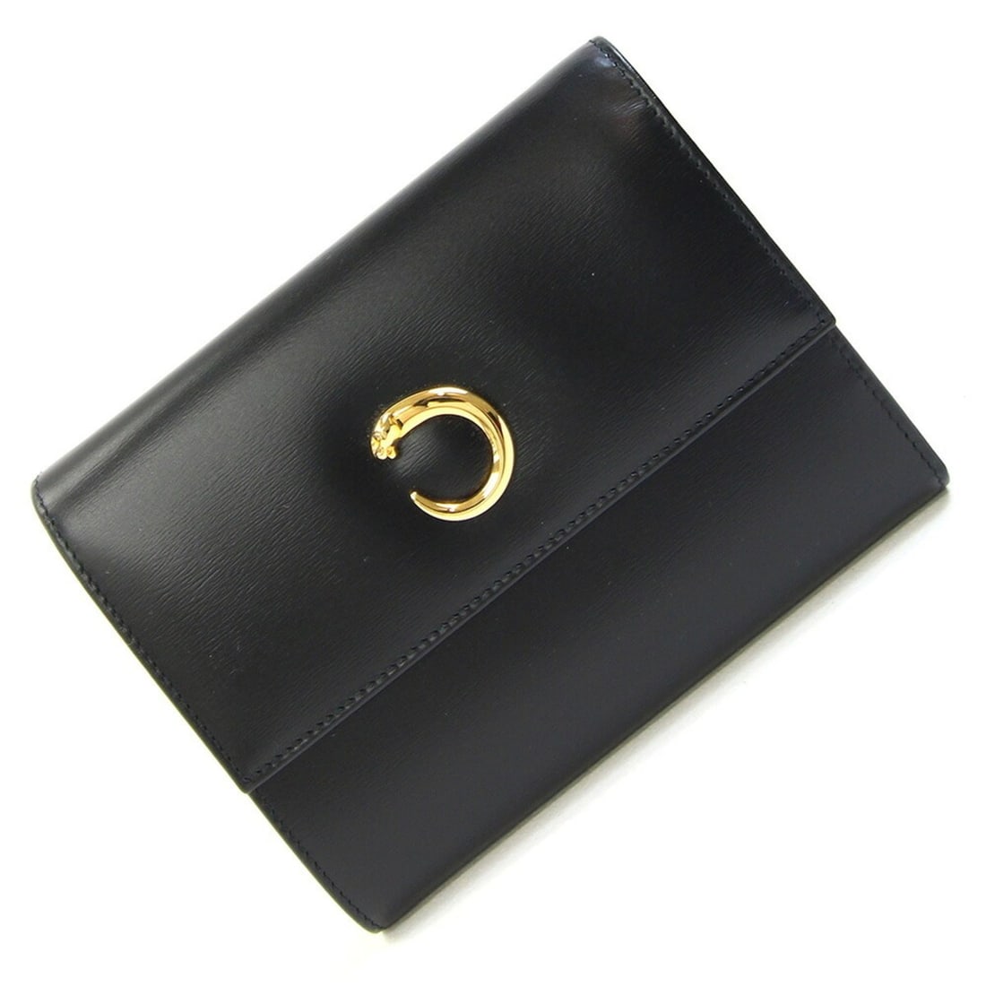 Cartier Panther Tri-fold Wallet L3000210 Black Leather Coin Purse Compact for Women
