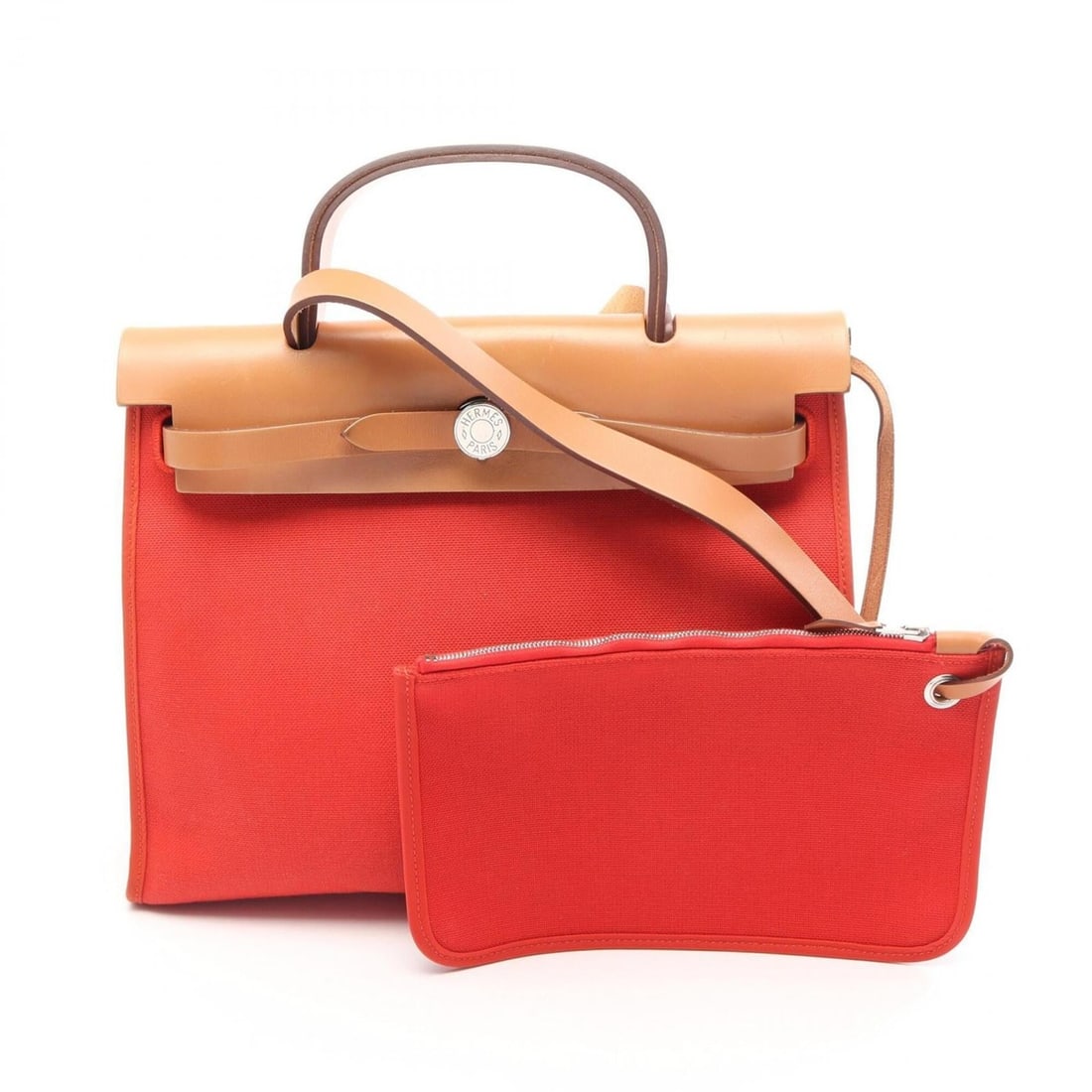 Hermes Herbag Zip PM Terre Batue Natural 2-Way Handbag Toile Military Vache Hunter Women's Orange