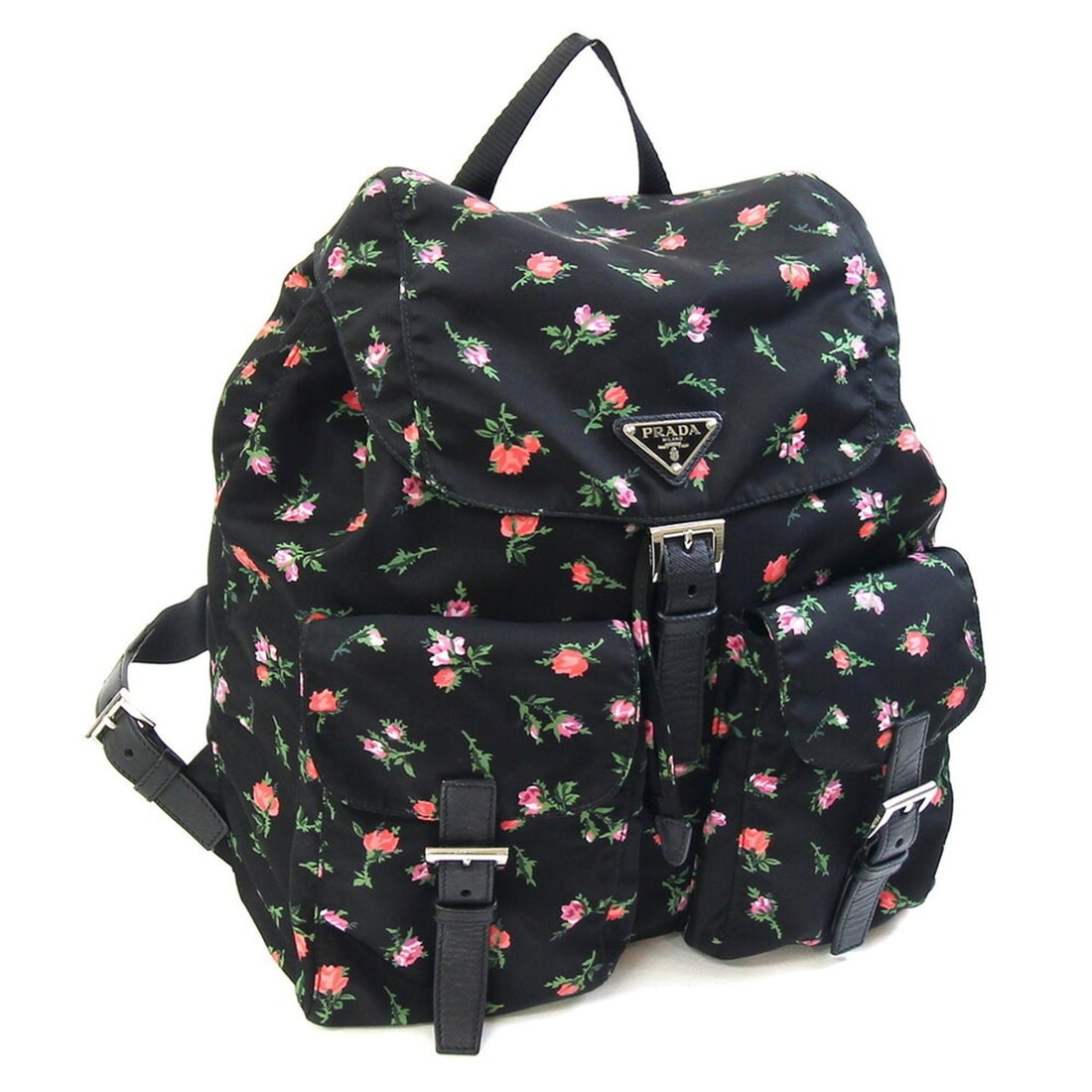 Prada Backpack 1BZ811 Black Pink Nylon Leather Rucksack Floral Pattern Women's PRADA: --- Catalog ---Category: SizeSize (HxWxD): 32cm x 30cm x 15cm / 12.59'' x 11.81'' x 5.9''Category: DesignType: BackpackColor: Black, Pink, WhiteGender: WomenMaterial: Nylon Category: GeneralMPN: 1BZ81
