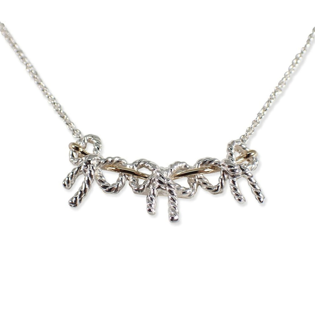 TIFFANY & Co. 925 750 Triple Ribbon Necklace: --- Catalog ---Category: SizePendant Size: 17.1mm x 34mm / 0.67'' x 1.33''Neck Circumference: 44.5 cm / 17.51''Category: DesignGender: WomenMaterial: Sterling silver 925, Yellow gold (18K)Necklace