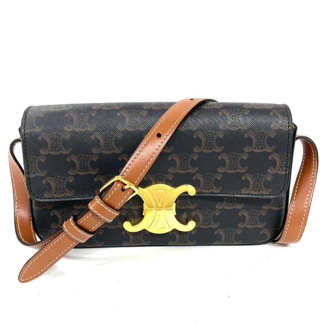 Celine Claude Triomphe Shoulder Bag, Coated Canvas and Leather, Brown with Gold Hardware
