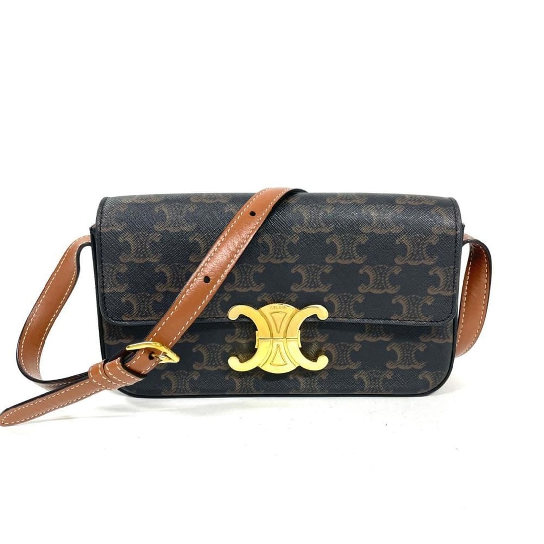 Celine Claude Triomphe Shoulder Bag, Coated Canvas and Leather, Brown with Gold Hardware