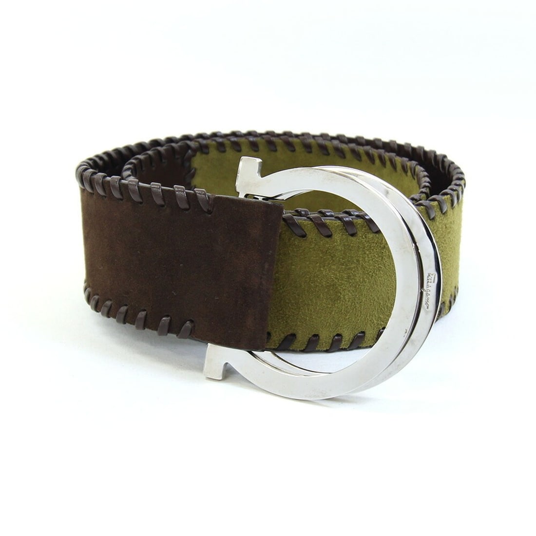 Ferragamo belt, Gancini design, brown, dark green khaki leather, XS size, women's, patchwork,: --- Catalog ---Category: SizeLength: 90cm / 35.43''Category: DesignType: Standard beltColor: Dark brown, Green, KhakiGender: WomenMaterial (Strap): Leather Category: GeneralBrand: Salvatore FerragamoC