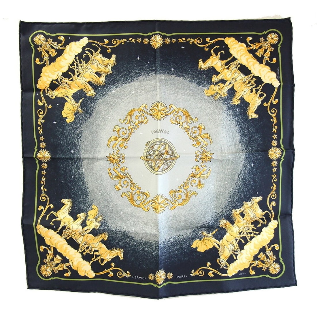 Hermes scarf/muffler, Carre 42, COSMOS (cosmos), black and yellow gold, 100% silk, Petit Carre,