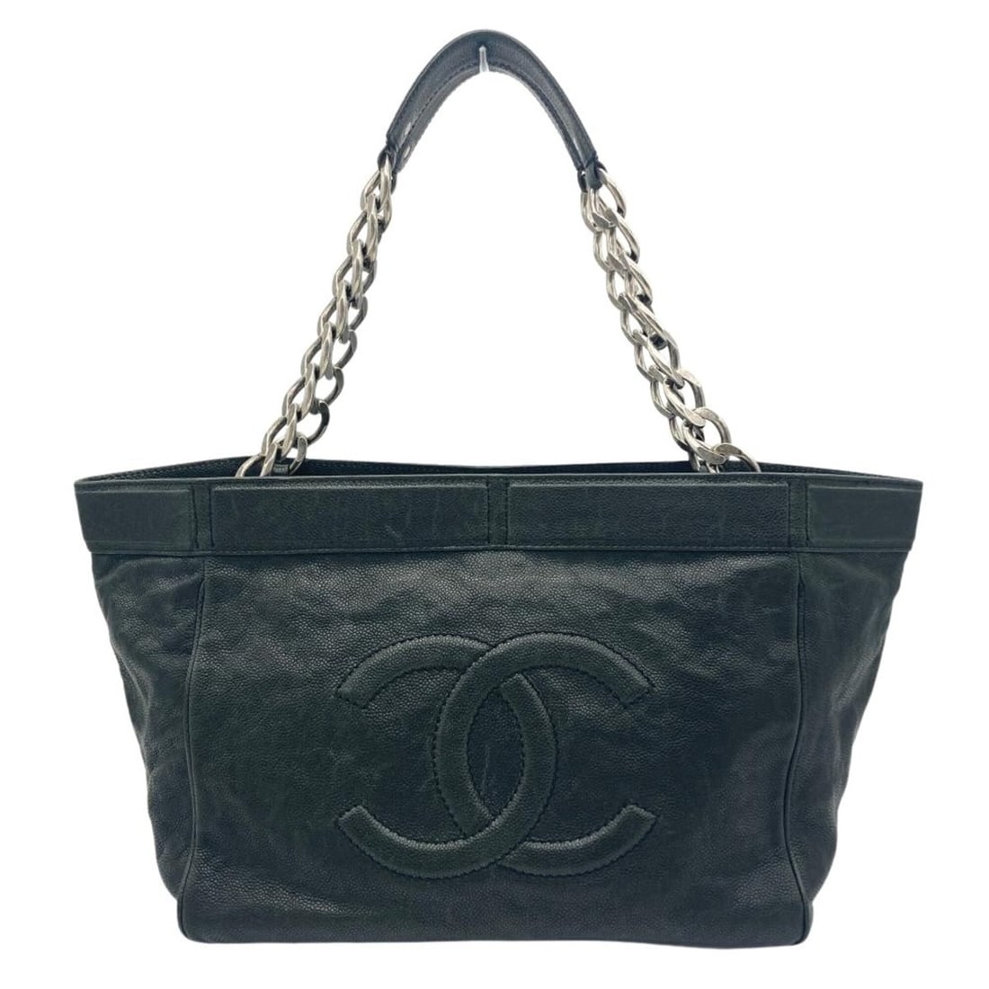 Chanel chain tote bag, caviar leather, black, silver hardware, serial number 11, Coco mark, women's.