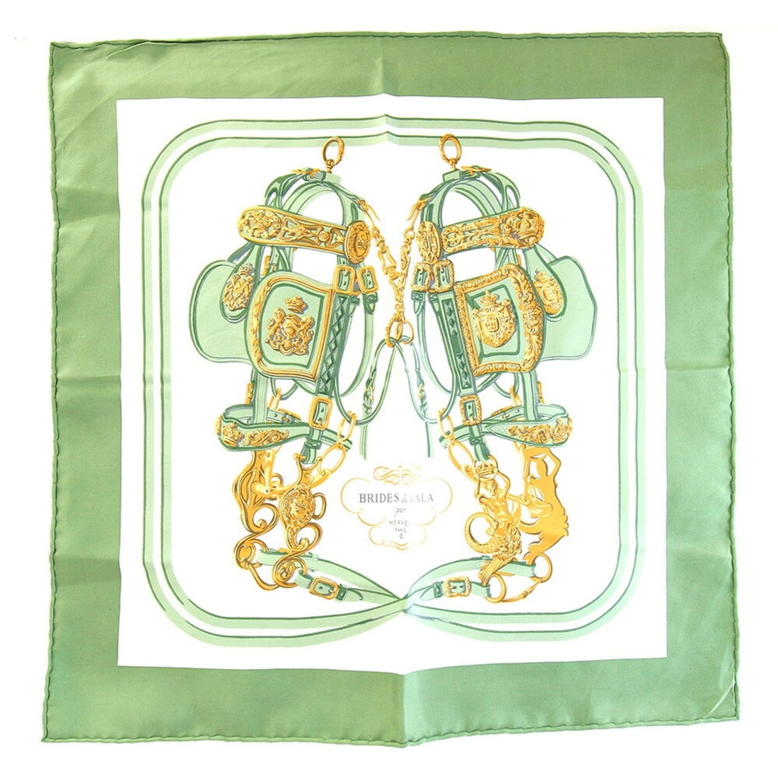 Hermes Scarf/Muffler, Carre 42, BRIDES de GALA, Sage Green/White, 100% Silk, Mini