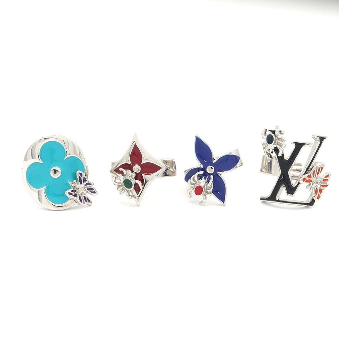 Louis Vuitton Ring Bague Set of 4 LV Fairy Tale MP2452 Silver Metal M Size Rings for Women LOUIS: --- Catalog ---Category: DesignType: Band ringColor: Black, Blue, Navy, Red colorGender: WomenMaterial: MetalCategory: GeneralMPN: MP2452Brand: Louis VuittonCountry of Origin: Italy--- Item List ---Se