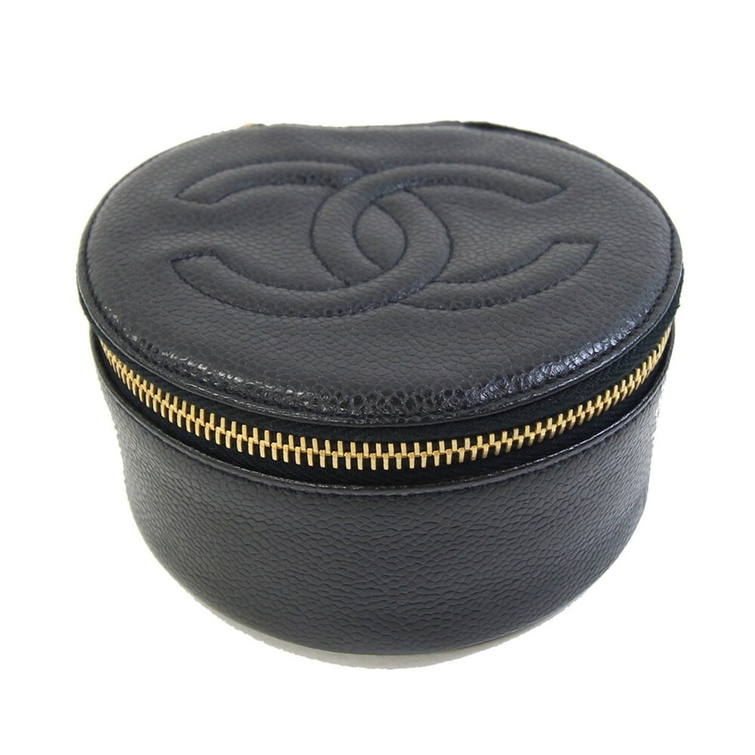 Chanel Case, Coco Mark Black Caviar Skin Handbag Pouch, Round, Old Style, Ladies CHANEL
