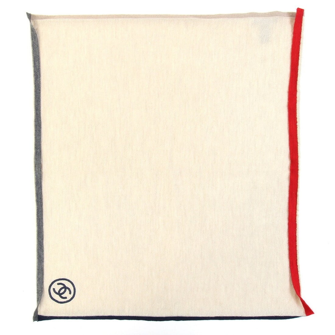 Chanel scarf/muffler in beige, navy, gray, and red. Made of cashmere silk. Features the iconic Coco
