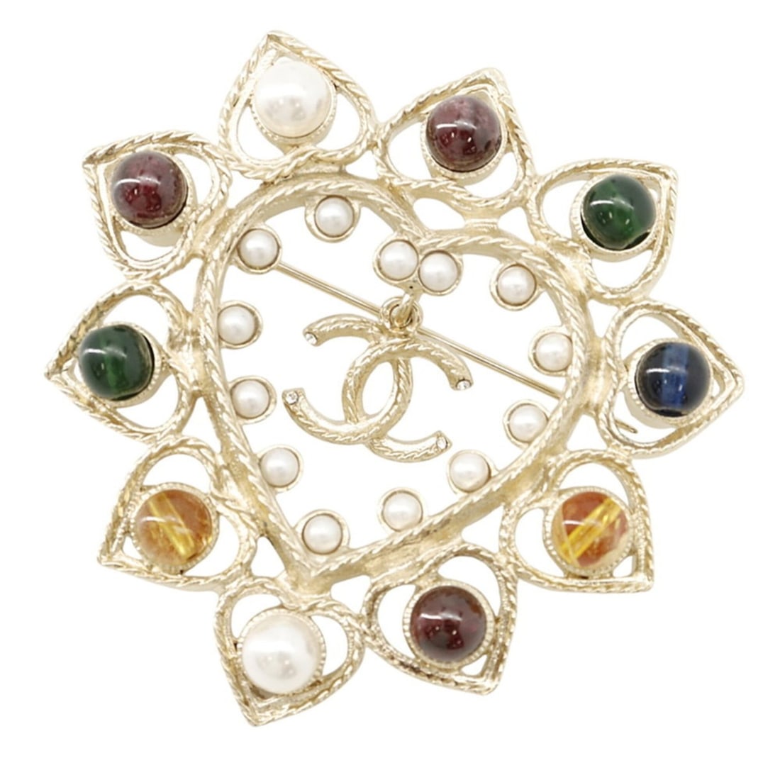Chanel Brooch, Coco Mark, Heart Rhinestone, Faux Pearl, Colored Stone, Metal, A19B CHANEL Brooch
