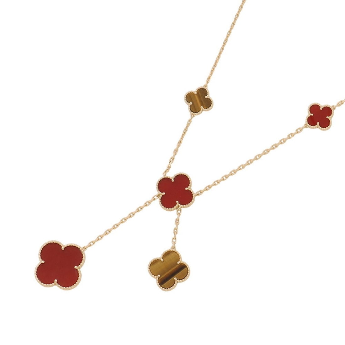 Van Cleef & Arpels Magic Alhambra Necklace, 6 Motifs, Carnelian, Tiger's Eye, 18K Yellow Gold: --- Catalog ---Category: SizeWeight: 26.1g / 0.92oz.Pendant Size: 26.5mm x 26.5mm / 1.04'' x 1.04''Neck Circumference: 38 cm - 41.5 cm / 14.96'' - 16.33''Category: DesignStone: Carnelian, Tiger's eyeG