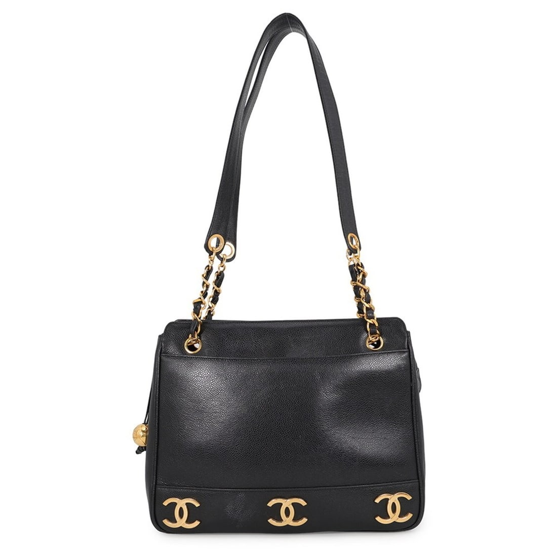 Chanel Chain Tote Bag Triple Coco Mark Caviar Skin A03675 CHANEL Black Handbag Women's