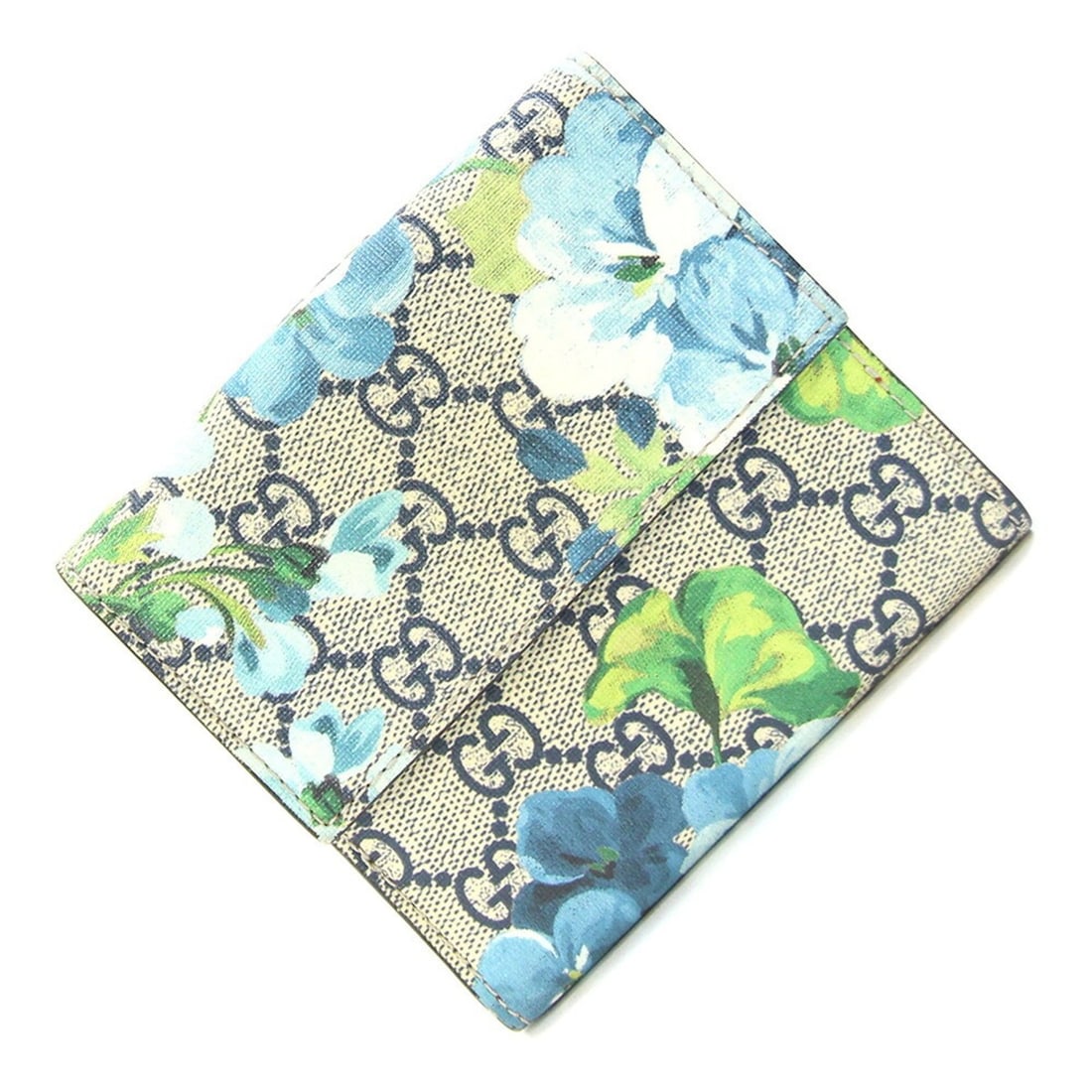 Gucci GG Blooms French Flap Wallet 410071 Beige Blue Red Leather Compact Double Opening Floral