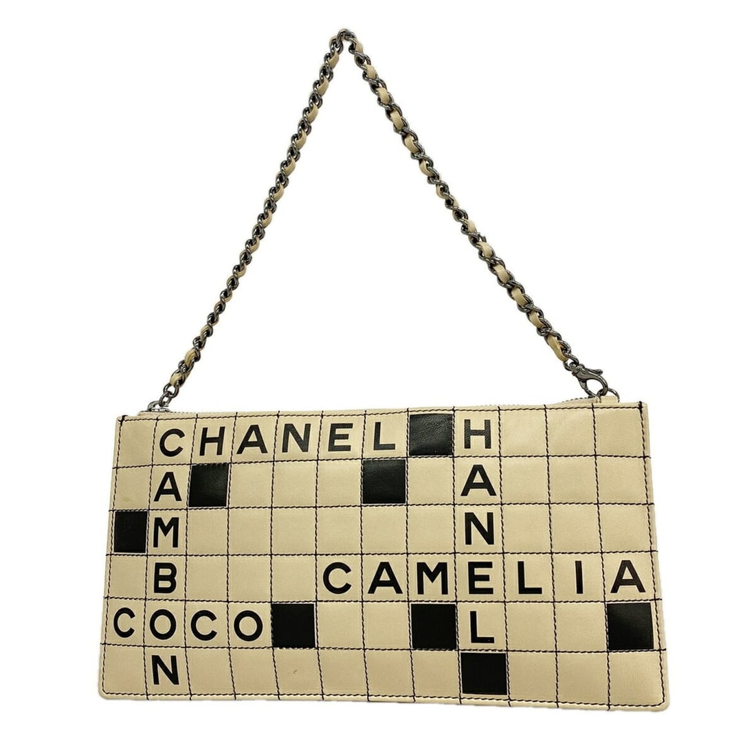 Chanel Bag/Pouch Crossword Leather Beige Black Women's