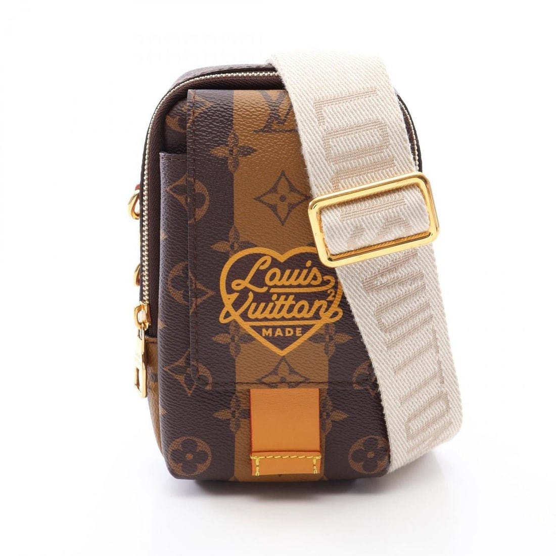 Louis Vuitton x NIGO Double Phone Pouch, Monogram Stripe Shoulder Bag/Handbag, Coated: --- Catalog ---Category: SizeSize (HxWxD): 19cm x 10cm / 7.48'' x 3.93''Category: DesignType: Handbag, Pouch, Shoulder bagColor: BrownGender: MenMaterial: PVC , Coated canvas , Leather Category: Gener