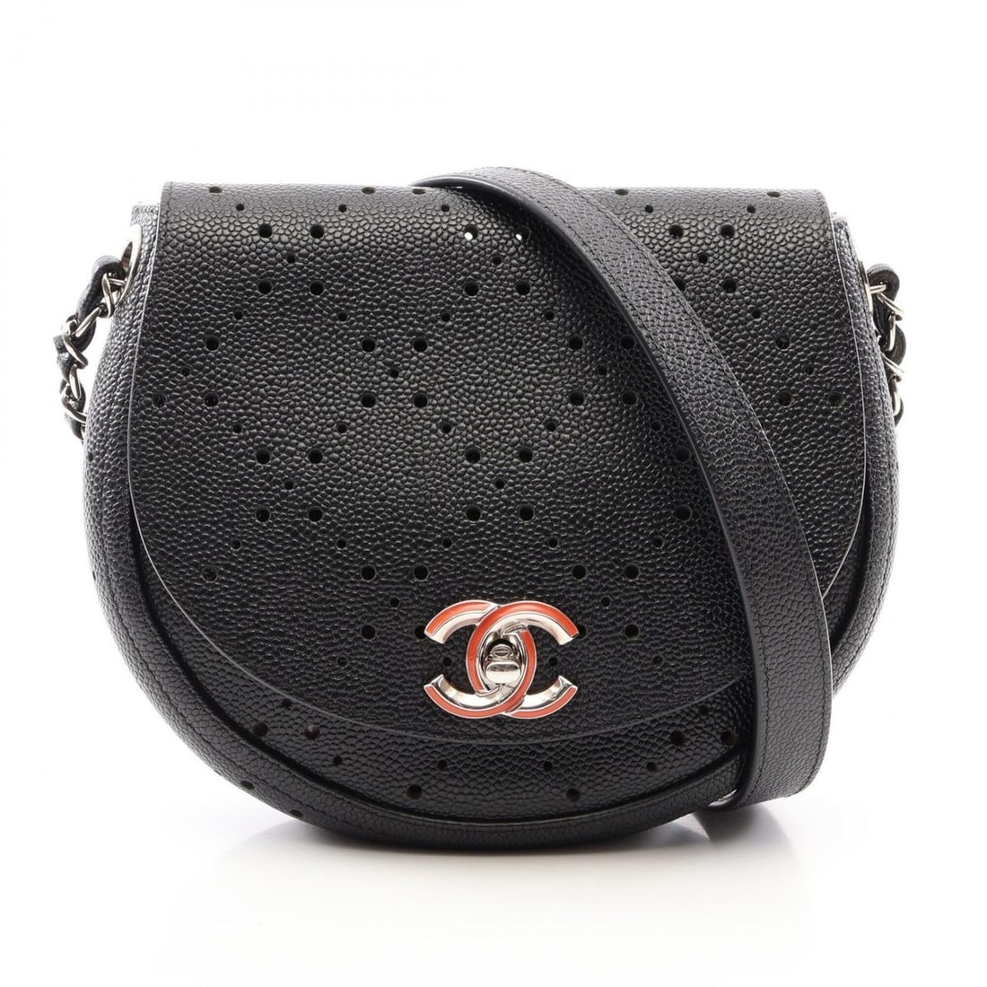 Chanel Round Flap Perforated Combination Hardware Shoulder Bag Handbag Caviar Skin (Grained Calf)