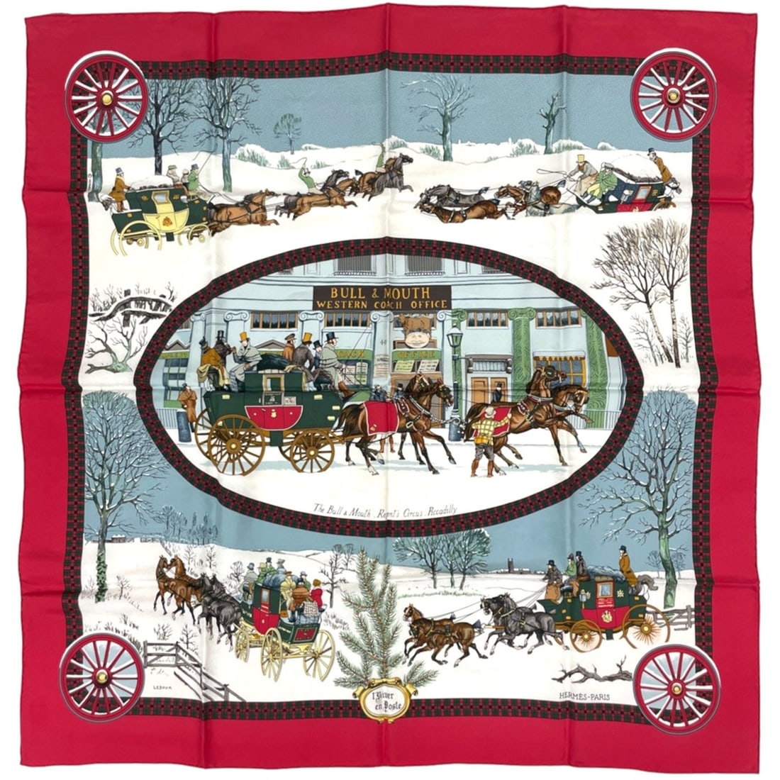 Hermes Carre 90 L’Hiver en Poste Scarf Muffler, Winter Post Carriage, Silk, Red Multicolor,