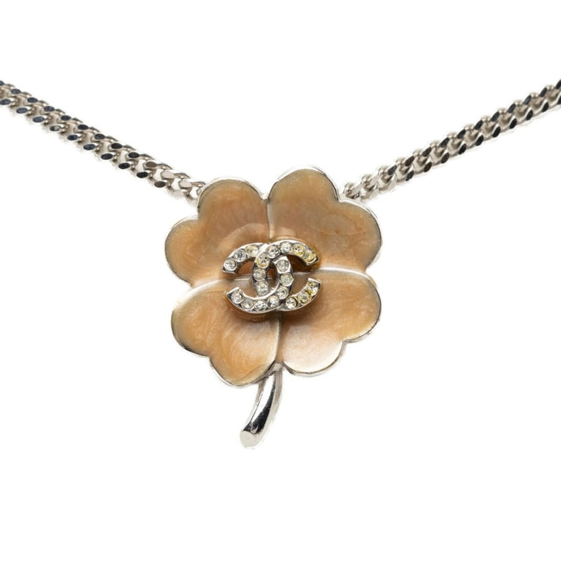 Chanel Coco Mark Clover Motif Necklace 04P Silver Beige Metal Rhinestone Women's CHANEL
