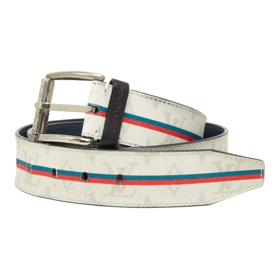 Louis Vuitton Monogram Ceinture Stamp Belt, Size 85 (34), MP166, Blanc White, Gray, Navy Leather,: --- Catalog ---Category: SizeLength: 105.5cm / 41.53''Category: DesignType: Standard beltColor: Gray, Monogram, Navy, WhiteGender: MenMaterial (Strap): PVC , Leather Category: GeneralMPN: MP166Brand: 
