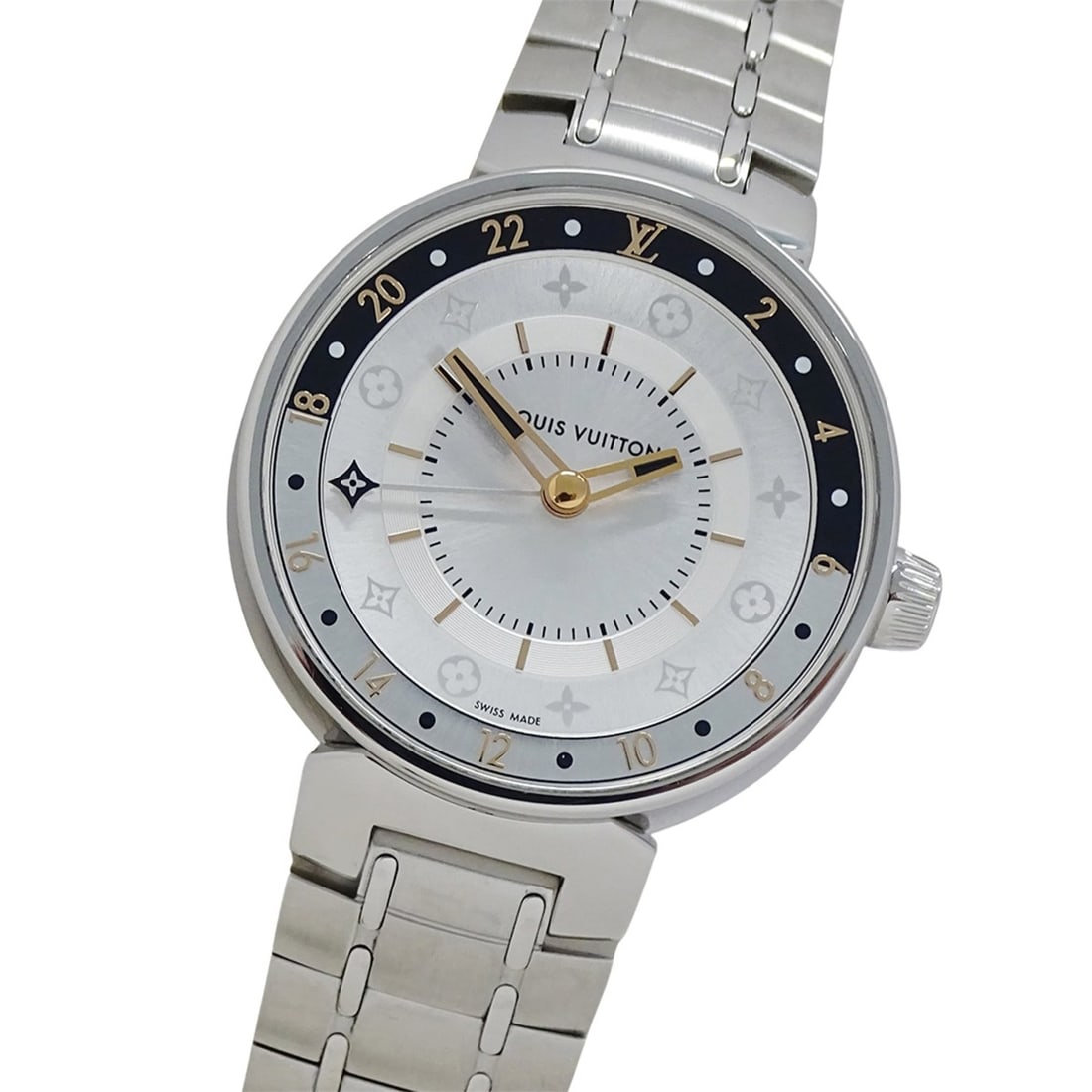 Louis Vuitton LOUIS VUITTON Women's Watch, Tambour Moon Dual Time, Quartz, Stainless Steel (QA104),: --- Catalog ---Category: SizeWrist Size: 19.5cm / 7.67''Case Diameter: 35mm / 1.38''Category: DesignType: WristwatchGender: WomenColor (Dial): SilverMaterial (Band): Stainless steelMaterial (Case): St