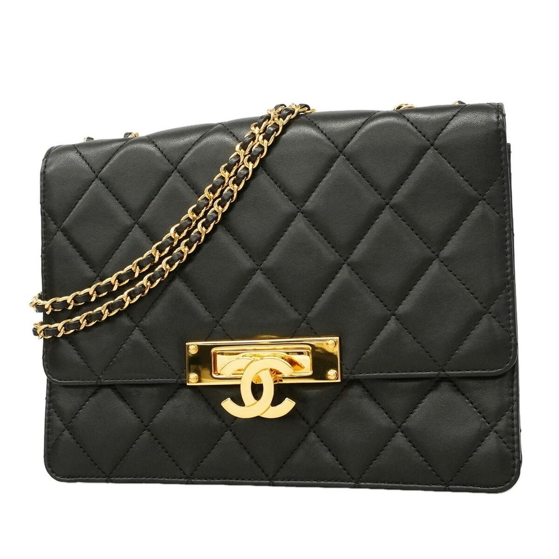 Chanel Matelassé Shoulder Bag with Double Chain, Lambskin, Black, Women's