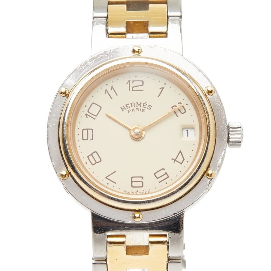 Hermes Clipper watch CL3.240 quartz beige dial stainless steel women's HERMES: --- Catalog ---Category: SizeWrist Size: 16.5cm / 6.49''Case Diameter: 24.2mm / 0.95''Category: DesignType: WristwatchGender: WomenColor (Dial): BeigeMaterial (Band): Stainless steelMaterial (Case): S