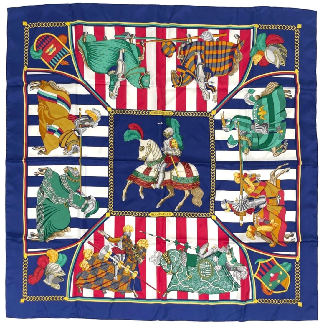 Hermes Carre 90 Chocs en Plumes Scarf/Muffler - Feathered Clash Horse Pattern/Armor Design Silk Blue (1 of 16)