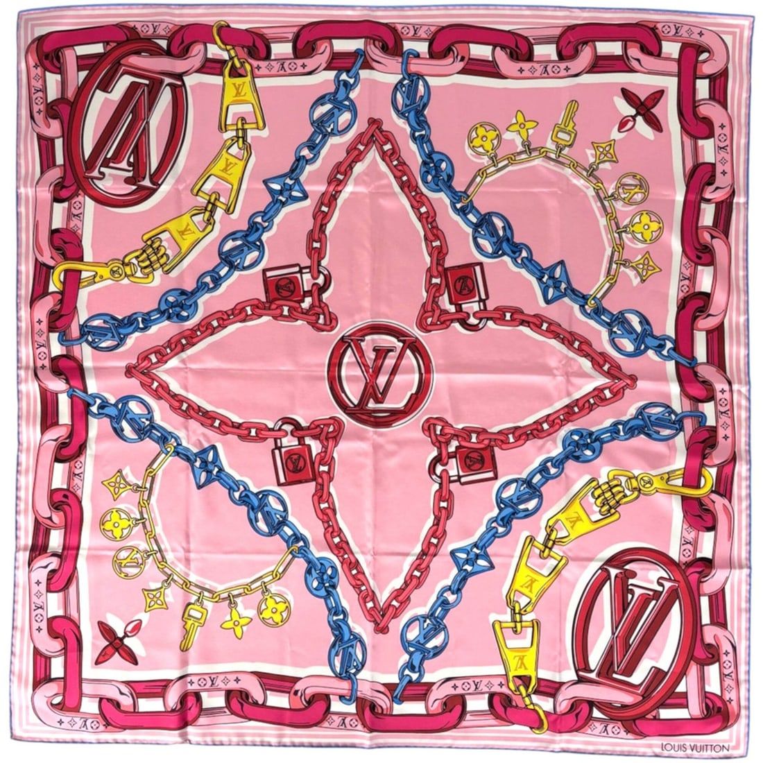 Louis Vuitton LV Unlocked Scarf Muffler Chain Padlock Silk Pink Multicolor Women's