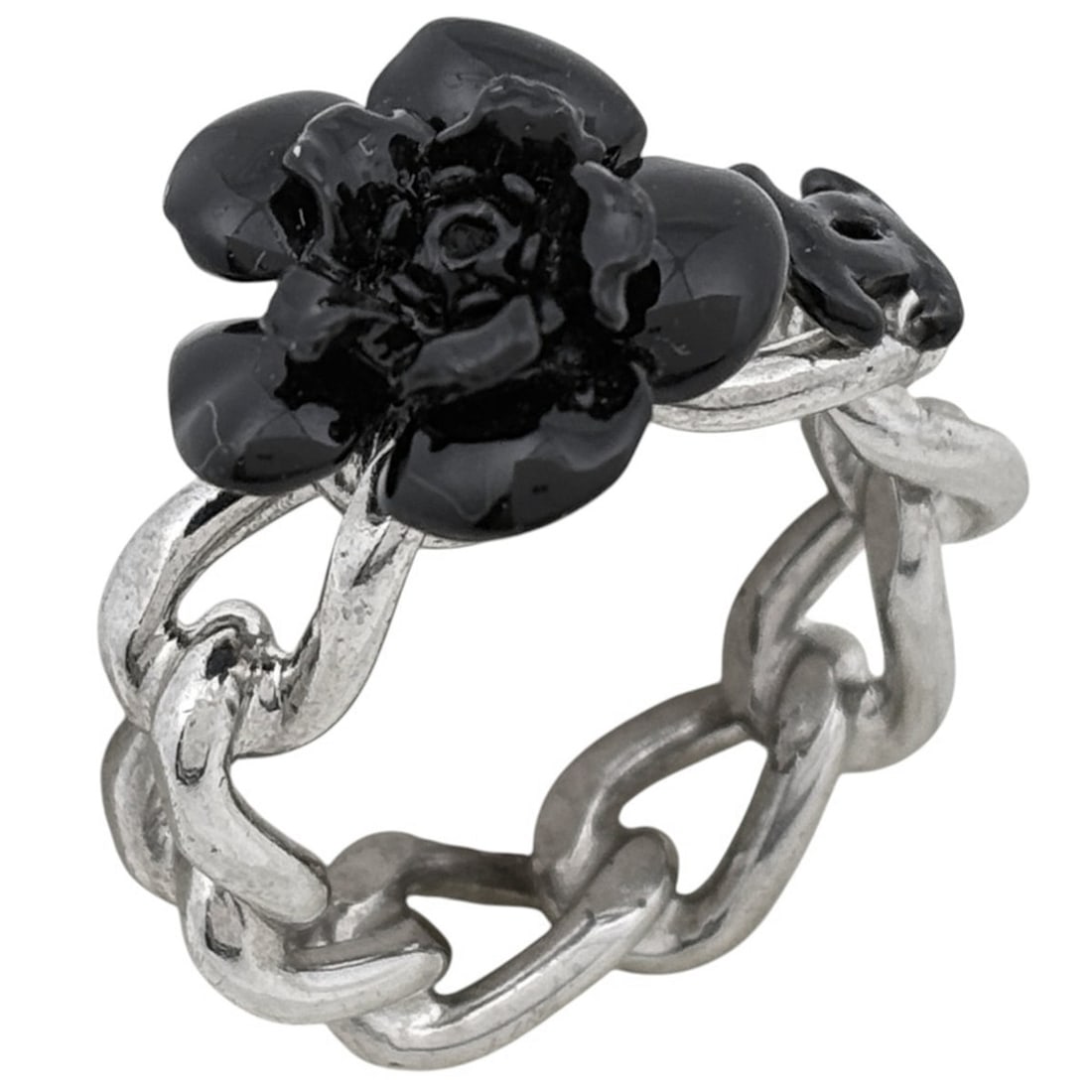 Chanel ring, Coco Mark, Camellia design, silver plated, silver, black, women's.