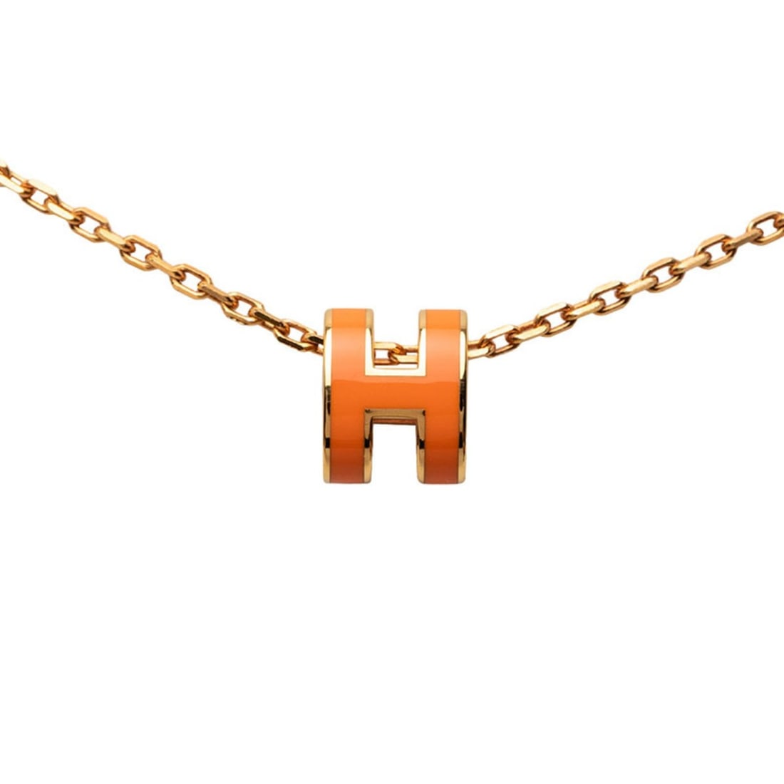 Hermes Mini Pop H Pendant Necklace, Pink Gold with Orange Plating, Enamel, Women's.
