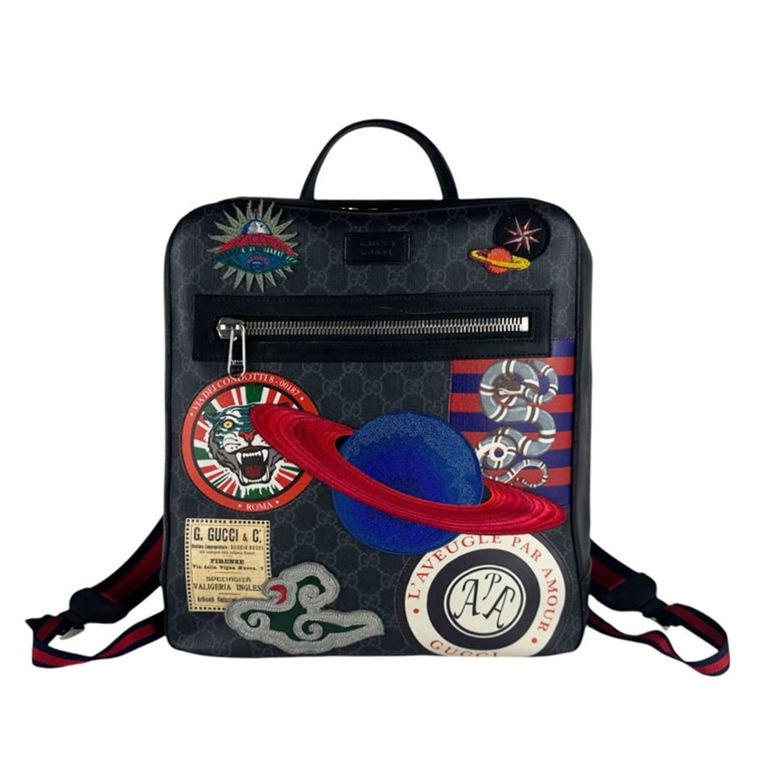 Gucci Night Courier backpack, GG Supreme canvas, black, gray, multicolor, silver, men's, 478324: --- Catalog ---Category: SizeSize (HxWxD): 35cm x 30cm x 12cm / 13.77'' x 11.81'' x 4.72''Category: DesignType: BackpackColor: Black, Gray, Multi-colorGender: Men,WomenMaterial: GG Supreme Category: G