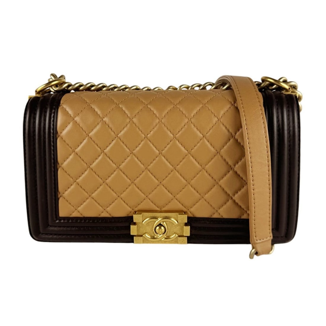 Chanel Boy Shoulder Bag, Leather, Beige, Brown, Gold, Women's, z10592