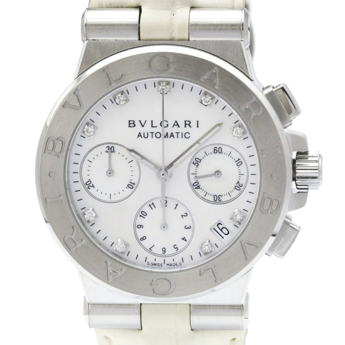 BVLGARI Diagono Chronograph Diamond MOP Steel Ladies Watch DG35SCH Polished: --- Catalog ---Category: SizeCase Diameter: 35mm / 1.38''Category: DesignType: WristwatchStyle: Dress/FormalGender: WomenColor (Dial): Pink shellMaterial (Band): LeatherMaterial (Case): Stainless stee