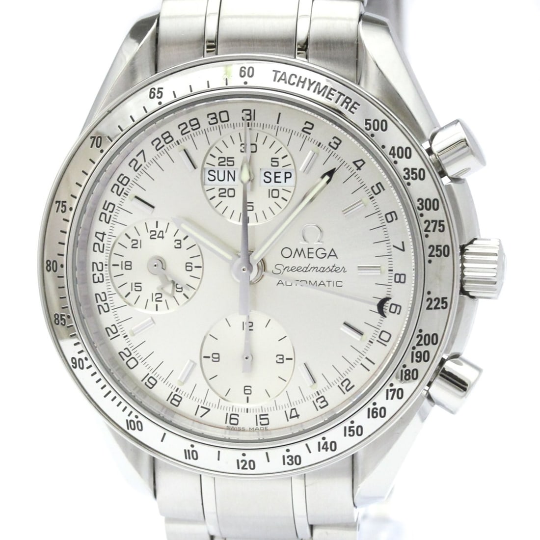 OMEGA Speedmaster Triple Date Steel Automatic Watch 3523.30 Polished: --- Catalog ---Category: SizeCase Diameter: 39mm / 1.54''Category: DesignType: WristwatchStyle: SportGender: MenColor (Dial): SilverMaterial (Band): Stainless steelMaterial (Case): Stainless