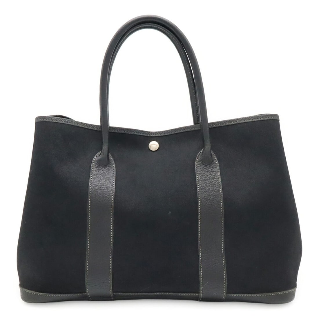 HERMES Garden PM Tote Bag Shoulder Toile Officier Leather Black ?G Stamp