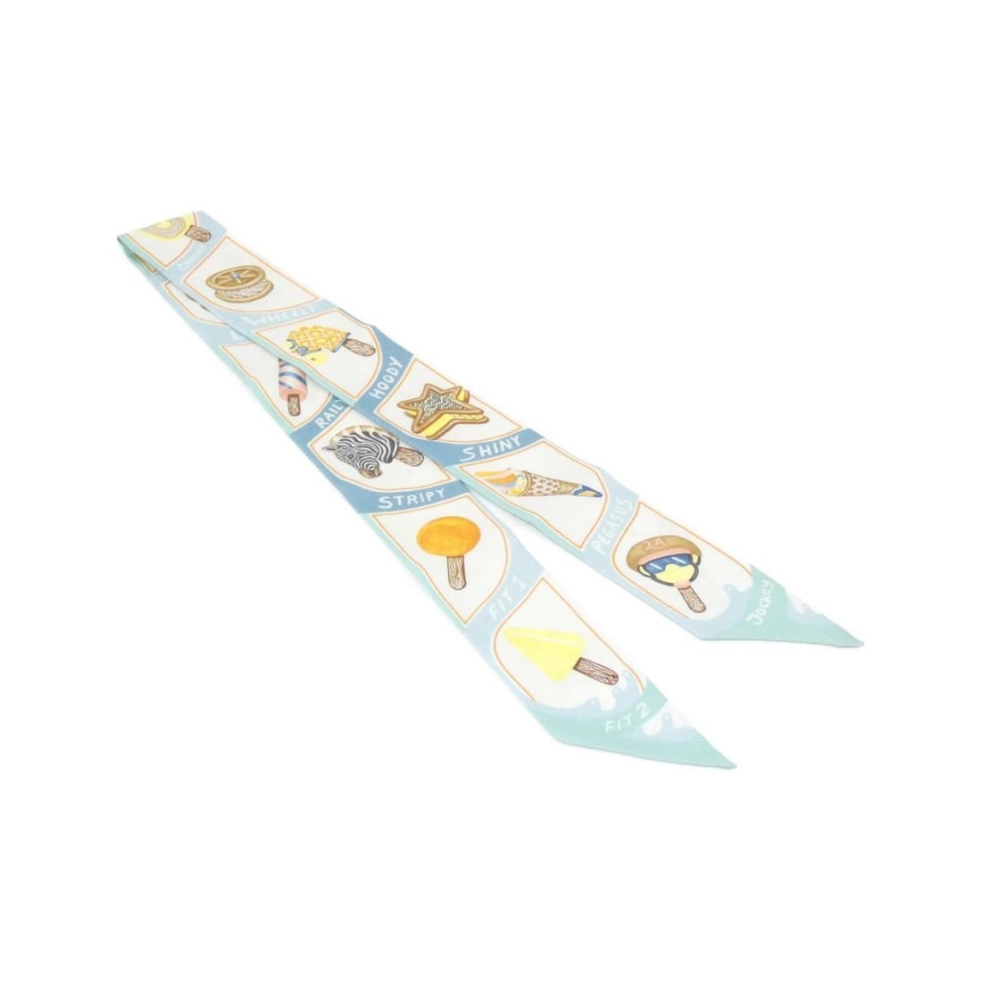 Hermes Funny Ice Cream Twilly 064109S Scarf Muffler: --- Catalog ---Category: SizeSize (LxW): 5cm x 86cm / 1.96'' x 33.85''Category: DesignType: ScarfColor: Cream, Light blue, OrangeGender: Women,MenMaterial: Silk Category: GeneralMPN: 064109SBrand: Her