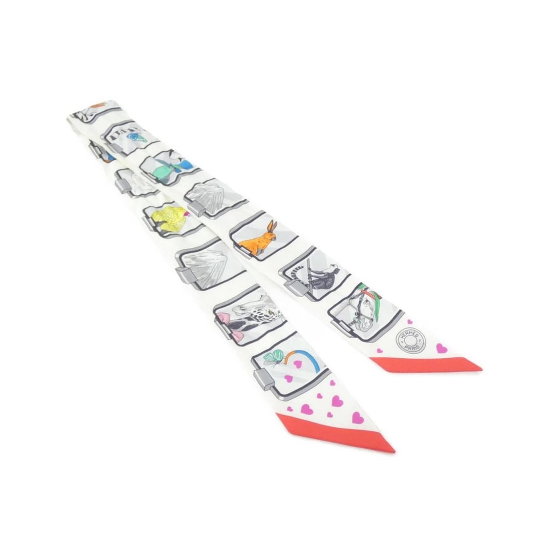 Hermes HERMES STORY Twilly 063875S Scarf Muffler: --- Catalog ---Category: SizeSize (LxW): 5cm x 86cm / 1.96'' x 33.85''Category: DesignType: ScarfColor: WhiteGender: Women,MenMaterial: Silk Category: GeneralMPN: 063875SBrand: Hermes--- Item List ---