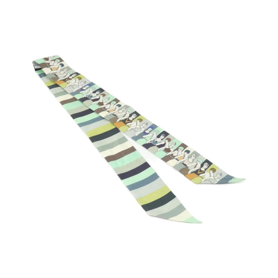 Hermes LES BAIGNEUSES Twilly 062748S Scarf Muffler: --- Catalog ---Category: SizeSize (LxW): 5cm x 86cm / 1.96'' x 33.85''Category: DesignType: ScarfColor: Green, Multi-colorGender: Women,MenMaterial: Silk Category: GeneralMPN: 062748SBrand: Hermes---