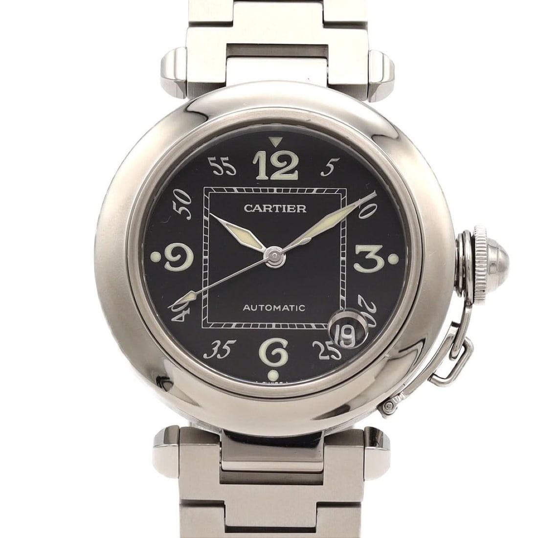 Cartier Pasha C W31043M7 Stainless Steel Automatic Watch: --- Catalog ---Category: SizeWrist Size: 19cm / 7.48''Case Diameter: 35mm / 1.38''Category: DesignType: WristwatchGender: Men,WomenColor (Dial): BlackMaterial (Band): Stainless steelMaterial (Case):