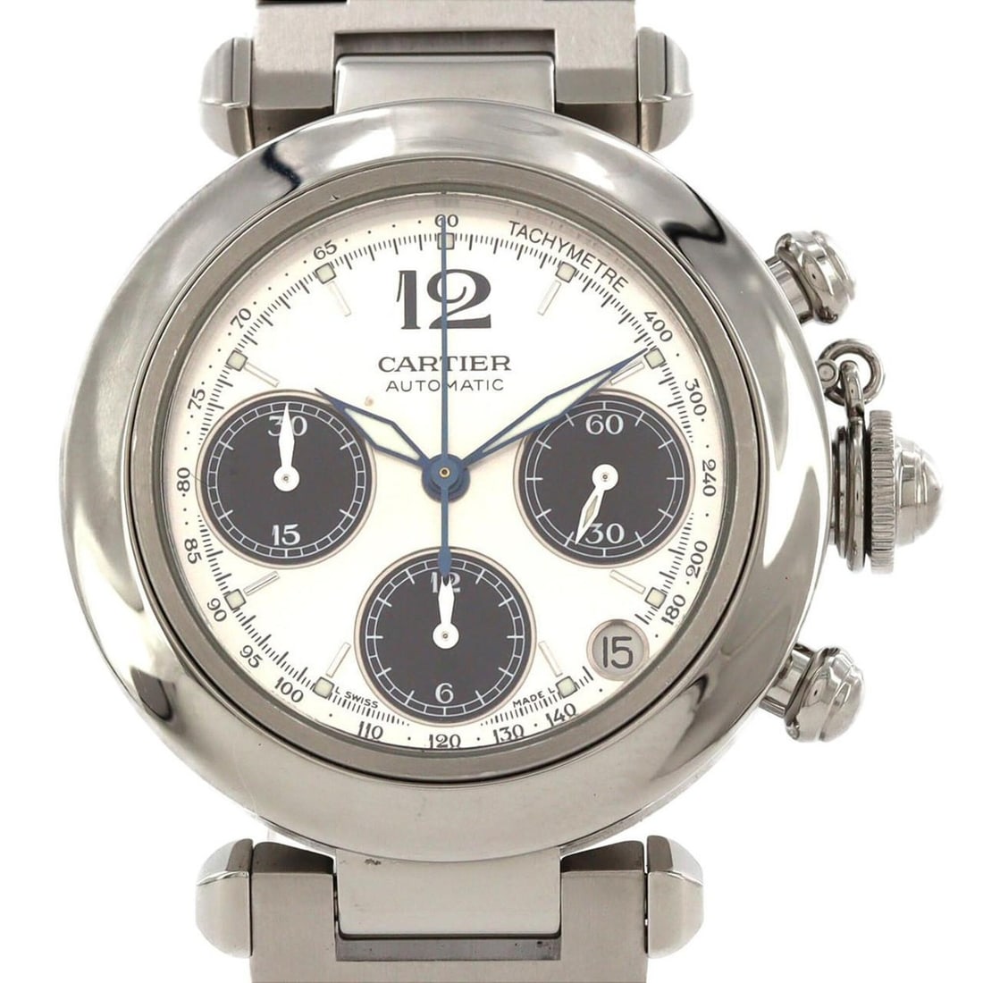 Cartier Pasha C Chronograph W31048M7 Stainless Steel Automatic Watch: --- Catalog ---Category: SizeWrist Size: 15cm / 5.9''Case Diameter: 36mm / 1.42''Category: DesignType: WristwatchGender: Men,WomenColor (Dial): Black, SilverMaterial (Band): Stainless steelMaterial