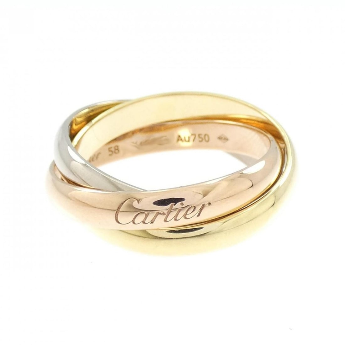 Cartier Trinity Ring: --- Catalog ---Category: SizeUS Size: 9Brand Size: 58Category: DesignType: Band ringGender: WomenMaterial: Pink gold (18K), White gold (18K), Yellow gold (18K)Category: GeneralMPN: B4052700Brand: