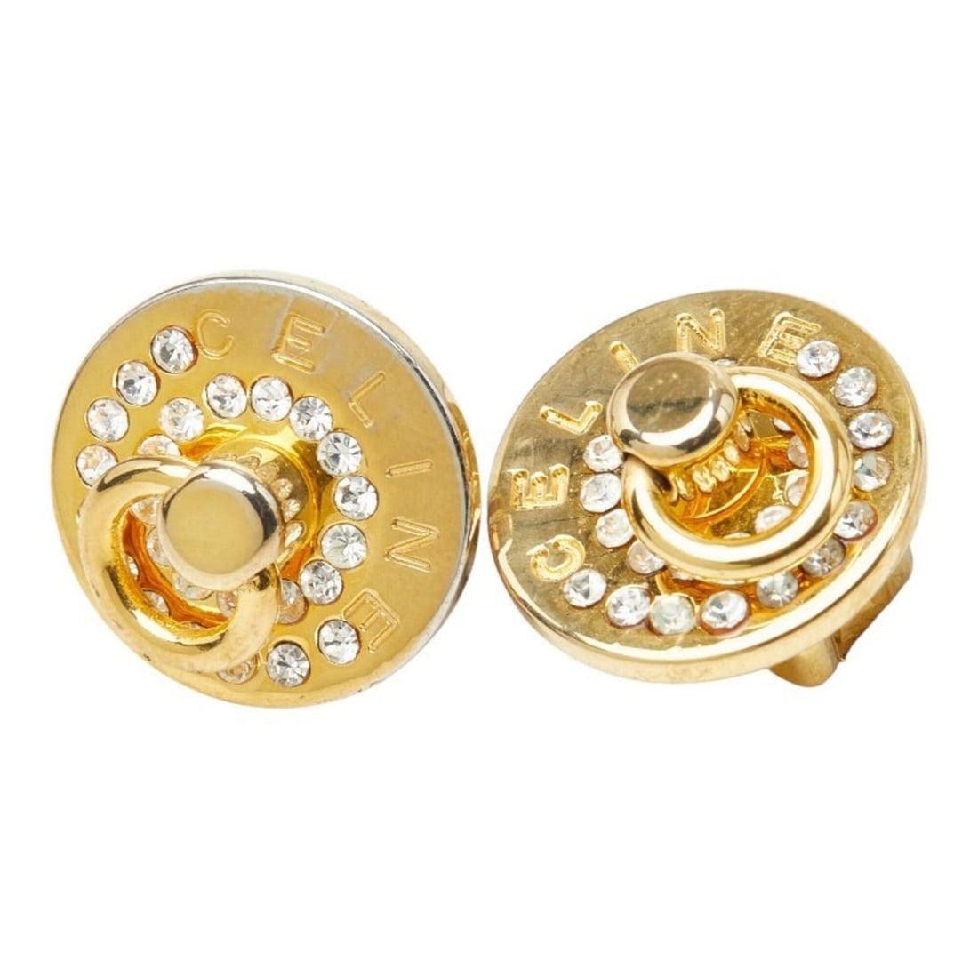 Celine Logo Round Earrings, Gold Plated Rhinestones, Women's CELINE: --- Catalog ---Category: SizeSize (HxWxD): 20.00mm x 20.00mm / 0.79'' x 0.79''Category: DesignType: Clip earringsColor: GoldGender: WomenMaterial: RhinestoneCategory: GeneralBrand: Celine--- Item List