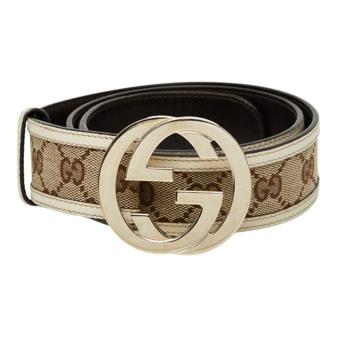 Gucci Interlocking G GG Canvas Belt 85?34 114876 Beige White Leather Men's GUCCI
