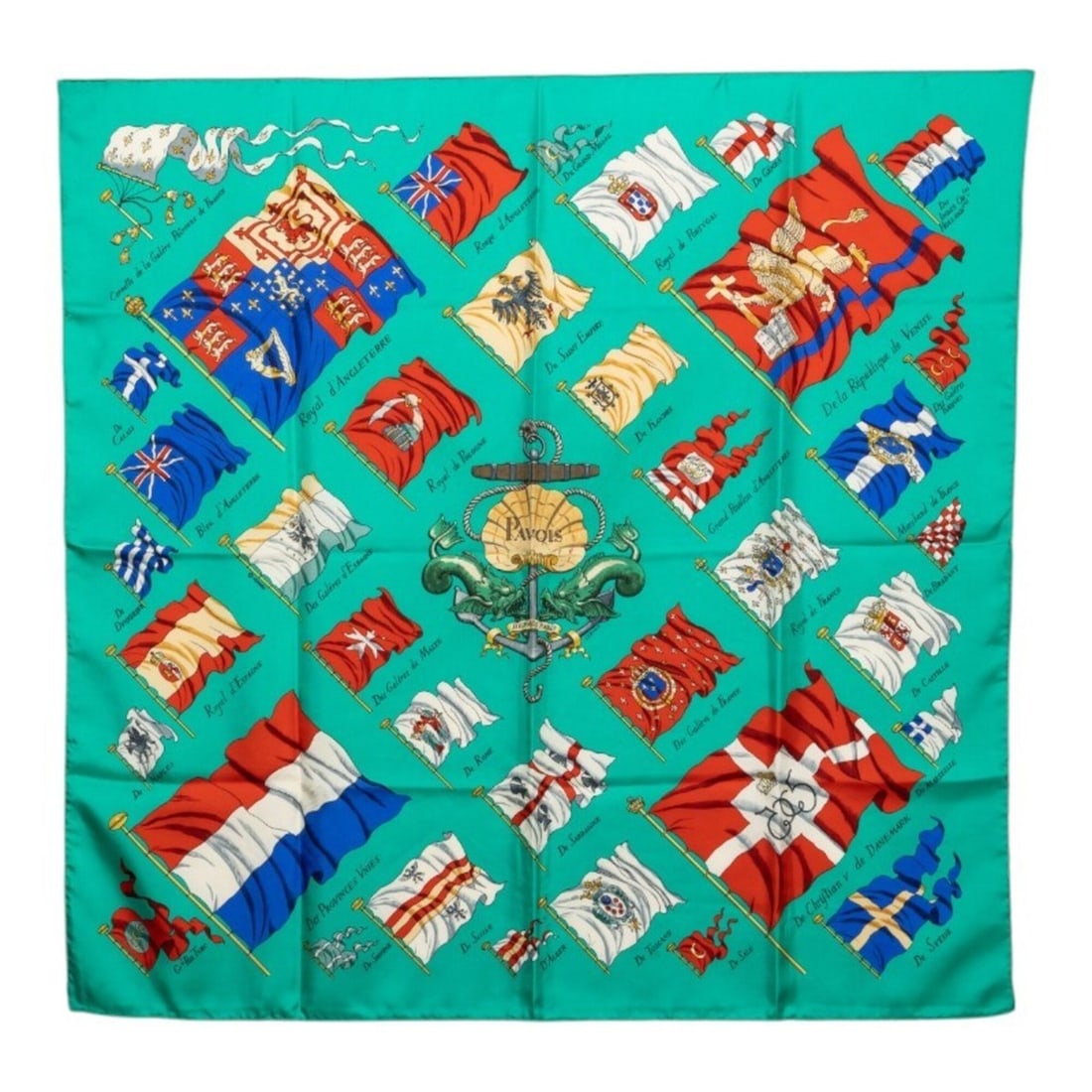 Hermes Carre 90 PAVOIS Ship Flag Scarf Muffler Green Silk Women's HERMES