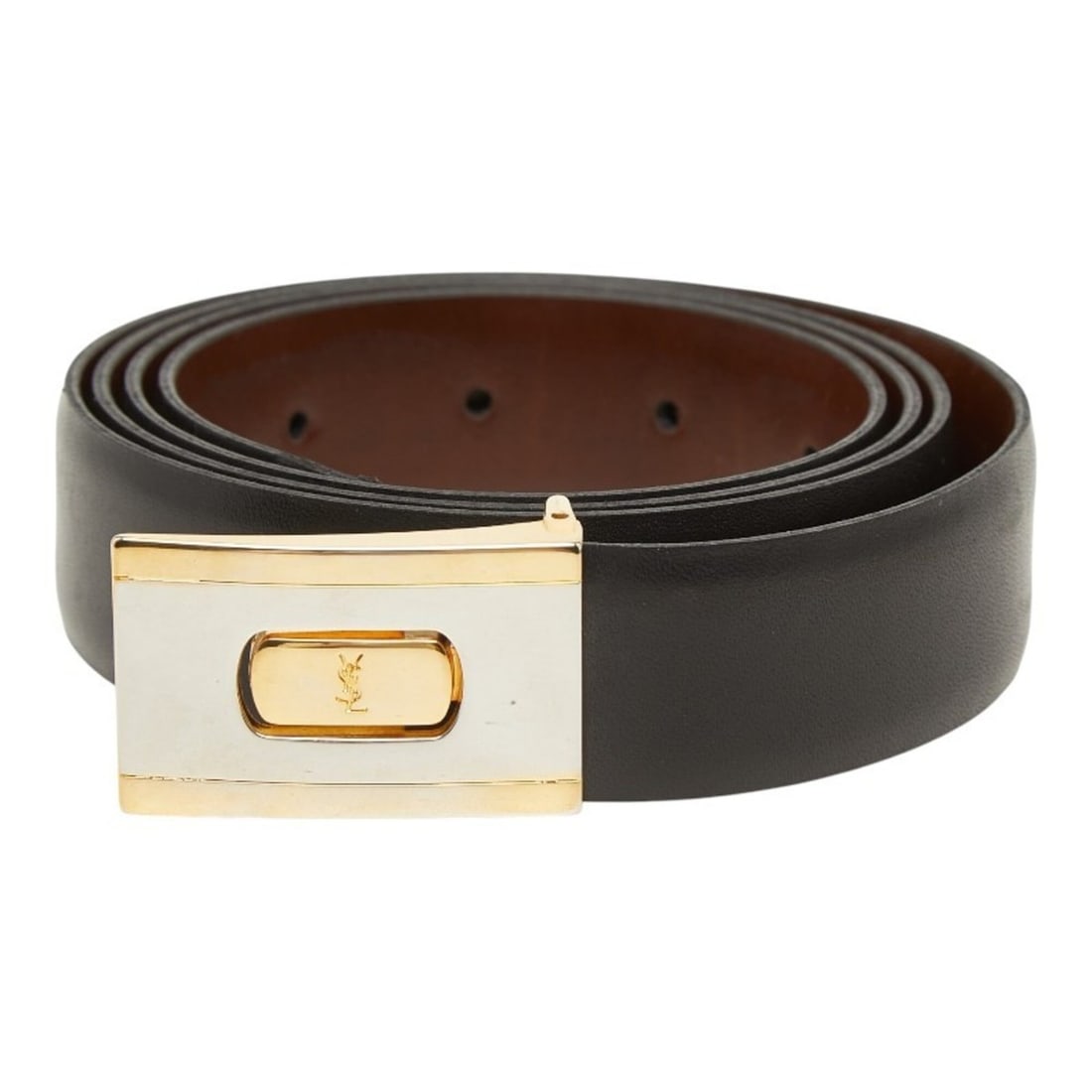 Saint Laurent Vintage Logo Belt, Black and Brown Leather, Plated, Women's.