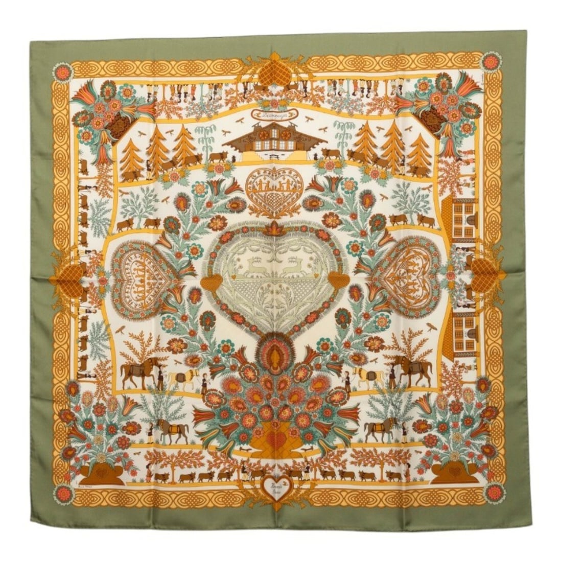Hermes Carre 90 Decoupages Paper Cutout Scarf/Muffler, Khaki Green/Multicolor Silk, Women's