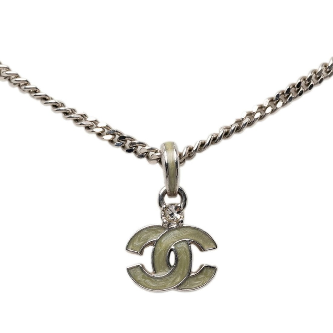 Chanel Coco Mark Pendant Necklace 04P Silver Green Metal Rhinestone Women's CHANEL